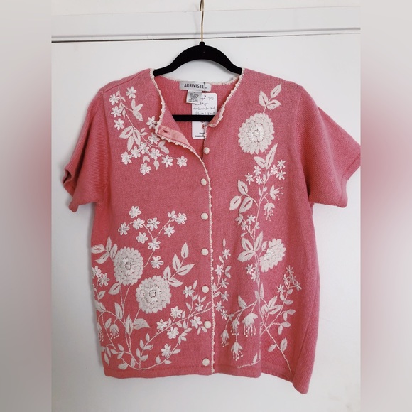 Vintage 90s Embroidered Floral Cardigan Knit Top / 90s Pink Sweater Cottagecore - Picture 2 of 5
